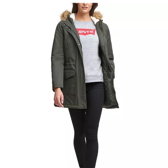 Levi’s Women's Hooded Fishtail Parka With Faux-Fur Trim Olive / Military Green S - Picture 1 of 13